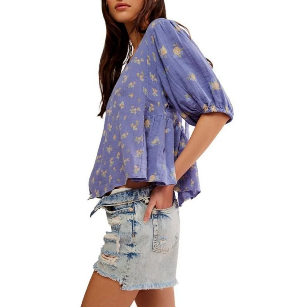Free People Chloe Printed Top In Indigo‎ Combo Open Back Wonens Size XL
